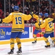 MONTREAL, CANADA - JANUARY 2: Sweden's Joel Eriksson Ek #20 celebrates a first period goal against Slovakia's Adam Huska #30 with teammates Alexander Nylander #19 and Jonathan Dahlen #27 while Michal Roman #5 looks on during quarterfinal round action at the 2017 IIHF World Junior Championship. (Photo by Andre Ringuette/HHOF-IIHF Images)


